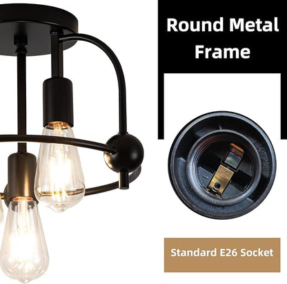 3 Light Industrial Ceiling Light Black Semi Flush Mount Lights Close to Ceiling Light Fixtures,cage Design Farmhouse Ceiling Lighting for Kitchen Bedroom Bathroom Foyer Hallway (E26, 2Pack)