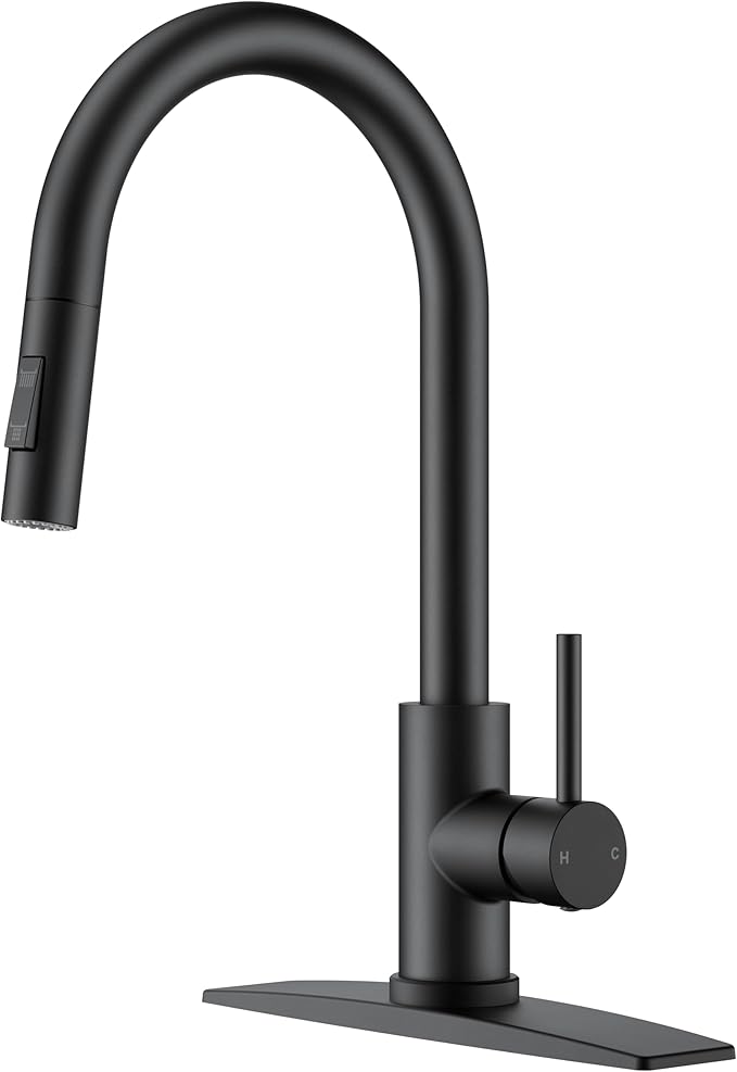 Black Kitchen Faucet with Pull Down Sprayer, Stainless Steel Kitchen Sink Faucet Classic High Arc Single Handle with Deck Plate for 1 or 3 Hole, Fit for Farmhouse Bar Laundry Camper