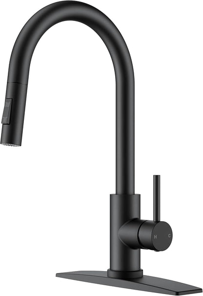 Black Kitchen Faucet with Pull Down Sprayer, Stainless Steel Kitchen Sink Faucet Classic High Arc Single Handle with Deck Plate for 1 or 3 Hole, Fit for Farmhouse Bar Laundry Camper
