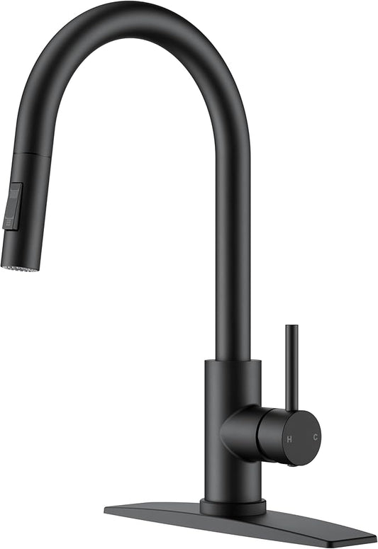 Black Kitchen Faucet with Pull Down Sprayer, Stainless Steel Kitchen Sink Faucet Classic High Arc Single Handle with Deck Plate for 1 or 3 Hole, Fit for Farmhouse Bar Laundry Camper