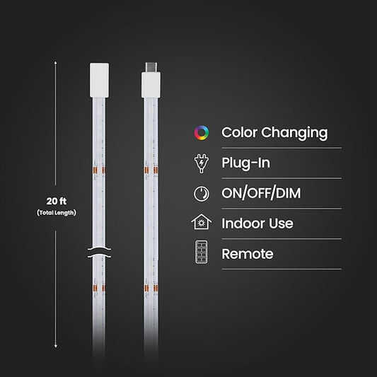 Feit Electric 20ft Color LED Tape Light, COB Technology, Customizable Length, Remote Control, Ultra-Thin 10mm Design, Perfect for Indoor Lighting, Shelves, Cabinets & Staircases, TAPE240/COB/RGB