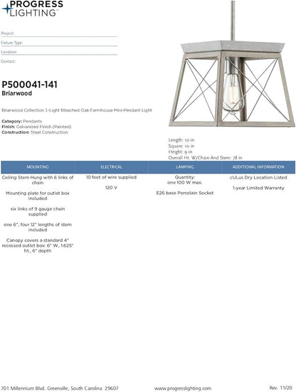 Progress Lighting Briarwood Collection 1-Light Bleached Oak Farmhouse Mini-Pendant Light, Galvanized, 9.00x10.00x10.00