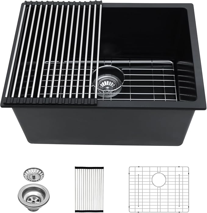 Lordear Granite Composite Laundry Sink 24×18 Inch Undermount Laundry Room Utility Black 12 Inch Deep Under Counter 24x18x12 Inch