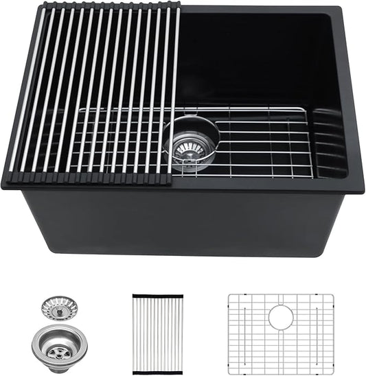 Lordear Granite Composite Laundry Sink 24×18 Inch Undermount Laundry Room Utility Black 12 Inch Deep Under Counter 24x18x12 Inch