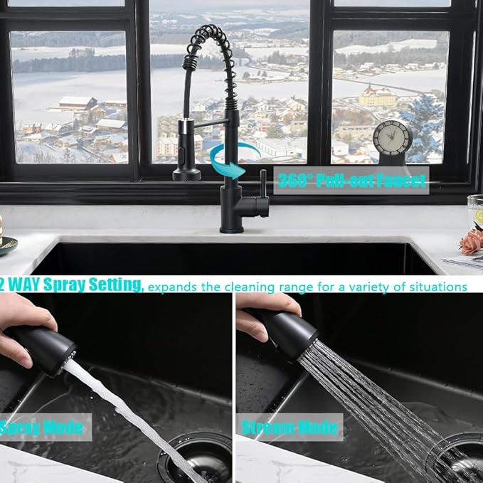 33 Inch Black Kitchen Sink and Faucet Combo Set-iAnomla 33x19 Undermount Sinks Black Stainless Steel Single Bowl Deep Kitchen Sink with Faucet Combo