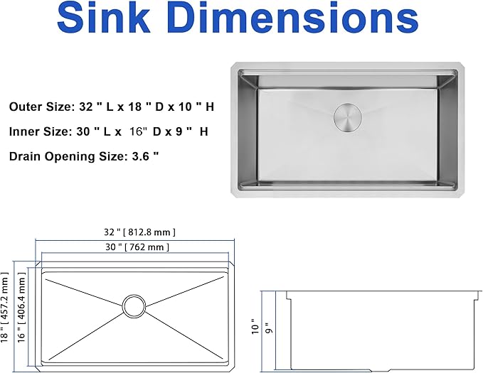 LQS 32 Inch Stainless Steel Kitchen Sink, Undermount 16 Gauge Stainless Steel Kitchen Sink, Single Bowl Kitchens Sinks with Sapele Wood Cutting Board For Family Kitchens, R10 Round Corner