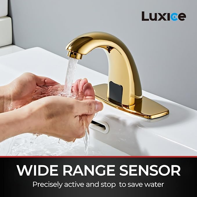 Polish Gold Touchless Bathroom Sink Faucet - Automatic Motion Sensor Battery Opertated with Temperature Mixing Valve for Commercial Lavatory