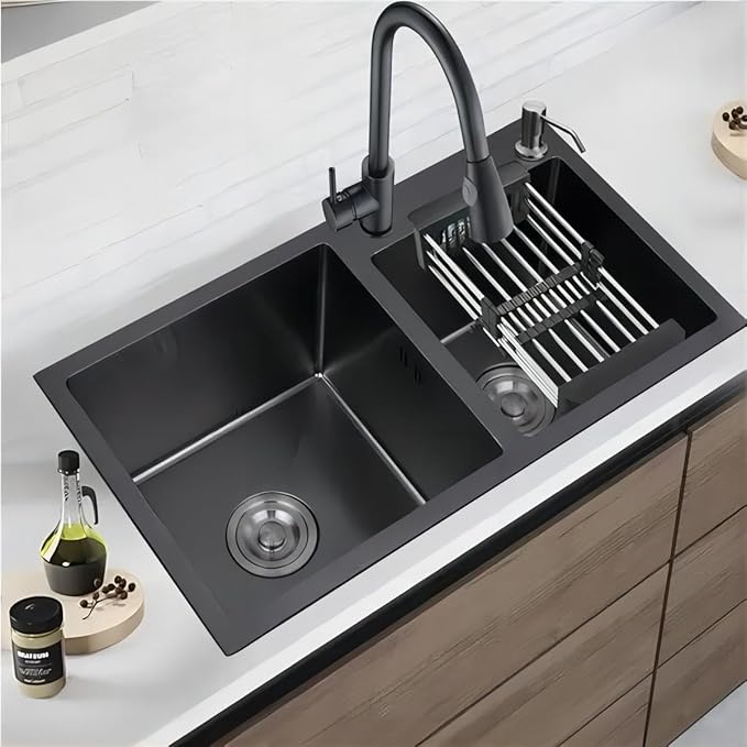 31" x 18" Black Double Bowl Kitchen Sink, Drop-in/Topmount Overmount Kitchen Sinks Basin with 304 Nano-Coated and Accessories