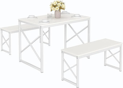 VECELO Kitchen Table with 2 Benches for 4, 43.3'' Wood Dining Room Dinette Sets with Metal Frame for Breakfast Nook and Small Space, White