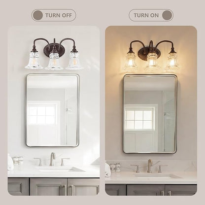 3-Light Bathroom Light Fixtures Vintage Oil Rubbed Bronze Vanity Lights Over Mirror with Floral Glass Shade for Bathroom Powder Room, Living Room Hallway
