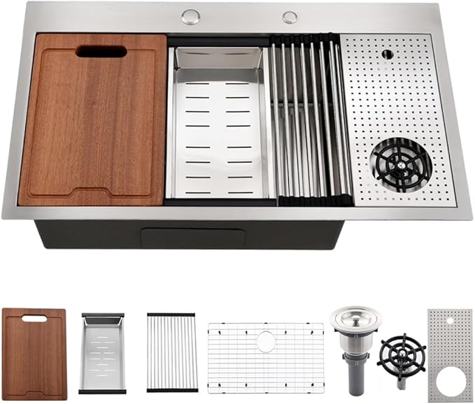 33 Inch Drop In Kitchen Sink with Cup Washer Workstation-Bokaiya 33x19 Stainless Steel Drop In Sink Ledge Workstation 16 Gauge Deep Top Mount Single Bowl Kitchen Sink