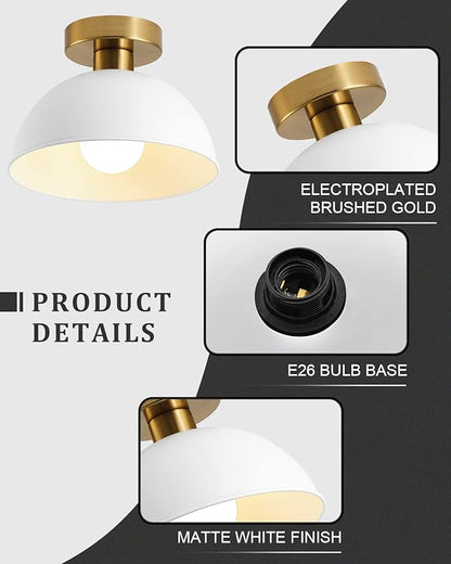 2-Pack Industrial Semi Flush Mount Ceiling Light with Gold Plate and White Shade, Farmhouse Ceiling Light Fixture for Kitchen Island Dining Room Foyer Hallway Porch Barn Loft，10in