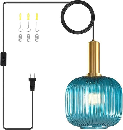 Gold Plug in Pendant Light with On/Off Switch, Blue Ribbed Glass Hanging Lamp, Adjustable Cord, Coastal Style for Kitchen, Dining Room, Living Room, Bedroom
