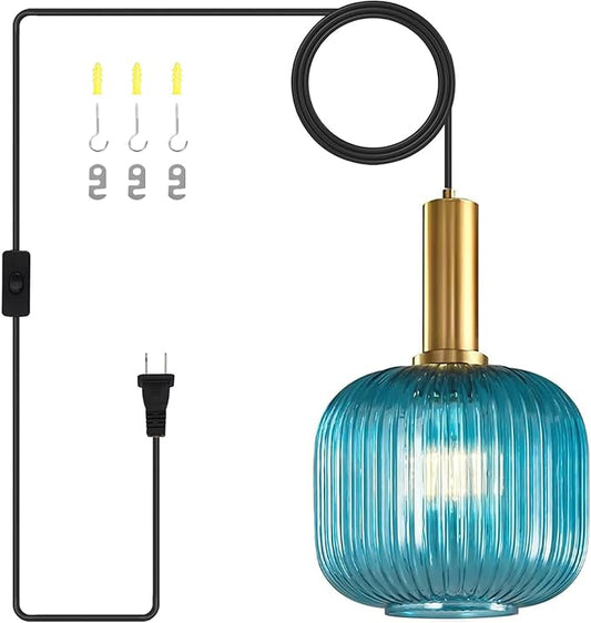 Gold Plug in Pendant Light with On/Off Switch, Blue Ribbed Glass Hanging Lamp, Adjustable Cord, Coastal Style for Kitchen, Dining Room, Living Room, Bedroom