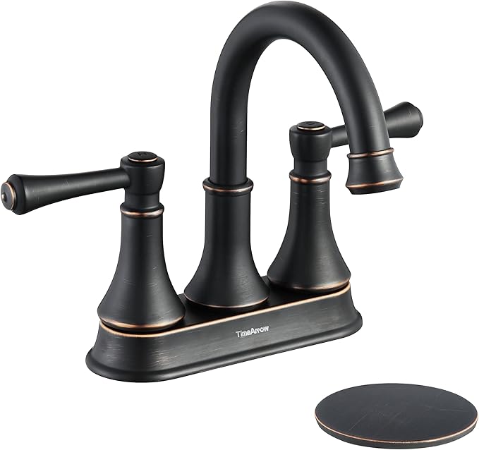 TimeArrow Oil Rubbed Bronze 2 Handle Centerset Bathroom Sink Faucet with Pop up Drain, High Arc Modern 4 Inch Bathroom Vanity Lavatory Faucet for 3 Holes with Brass 360° Swivel Spout, TAF067Y-ORB