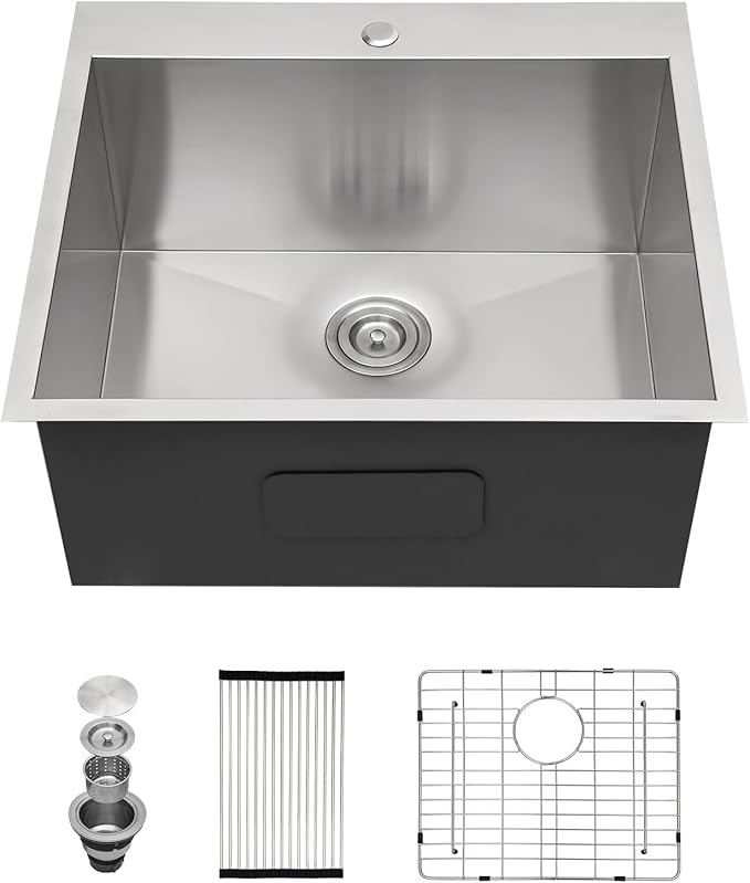 Lordear 25 Inch Drop In Utility Sink Laundry Room T304 16 Gauge Stainless Steel 12 Inch Deep Basin Sink Single Bowl 25x22