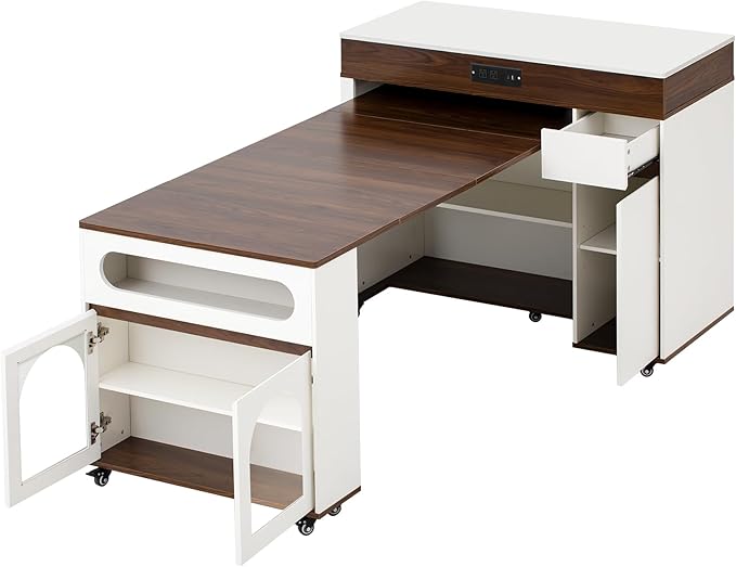 Extendable Dining Table with Extra-Long Folding Top, Rolling Kitchen Island with Drawers, Power Outlet and Locking Wheels for Kitchen, Dining Room, Walnut + Creamy White