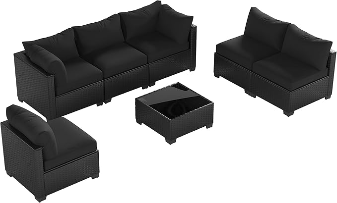 Patio Furniture Set, 7-Piece Outdoor Sectional Couch with Coffee Table & Thick Cushions, Outdoor Wicker Conversation Set for Backyard, Poolside, Garden (Black-Black, 7 Piece-Single)