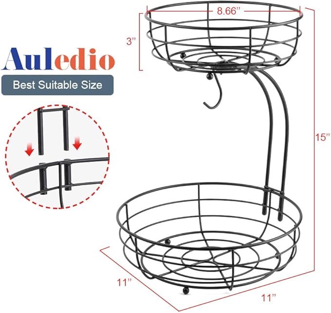 Auledio Iron 2-Tier Countertop Fruit Vegetables Basket Bowl Storage With Banana Hanger, Black, 64 ounces