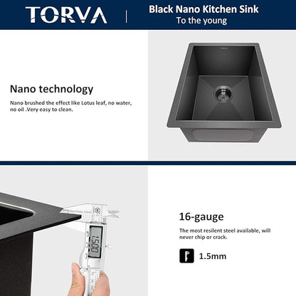TORVA 14 x 14 Inch Gloss Black Undermount Kitchen Sink, PVD Coated Gunmetal Bar Sink，16 Gauge T-304 Stainless Steel Single Bowl Wet Bar or Prep Sinks with Zero-Radius Corners, Dark Grey