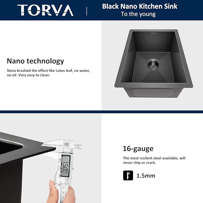 Bar Sink, TORVA 14 x 18 Inch Undermount Kitchen Sink, Gloss Black PVD Coated Gunmetal Sink, 16 Gauge 304 Stainless Steel Single Bowl Wet Bar or Prep Sink with Zero-Radius Corners, Dark Gray