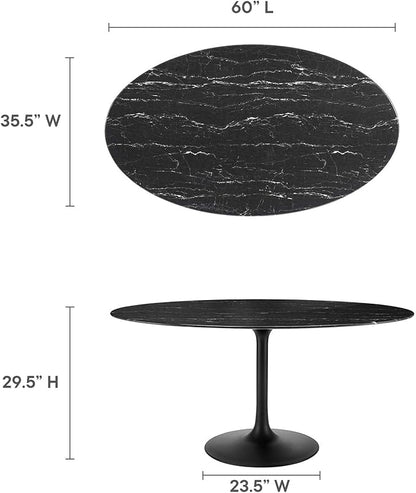 Modway Lippa Oval 60" Mid-Century Modern Artificial Marble Dining Table in Black Black