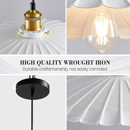 Pendant Light Fixture, White Farmhouse Vintage Pendant Light 15.7 Inch Lampshade with Adjustable Light Cord Kitchen Hanging Lights Retro Island Pendant Lights for Kitchen