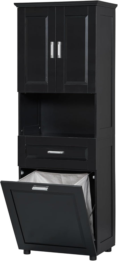 Merax 70" Tall Storage Cabinet with Laundry Hamper, 1 Drawer and Adjustable Shelf, Freestanding for Bathroom, Black