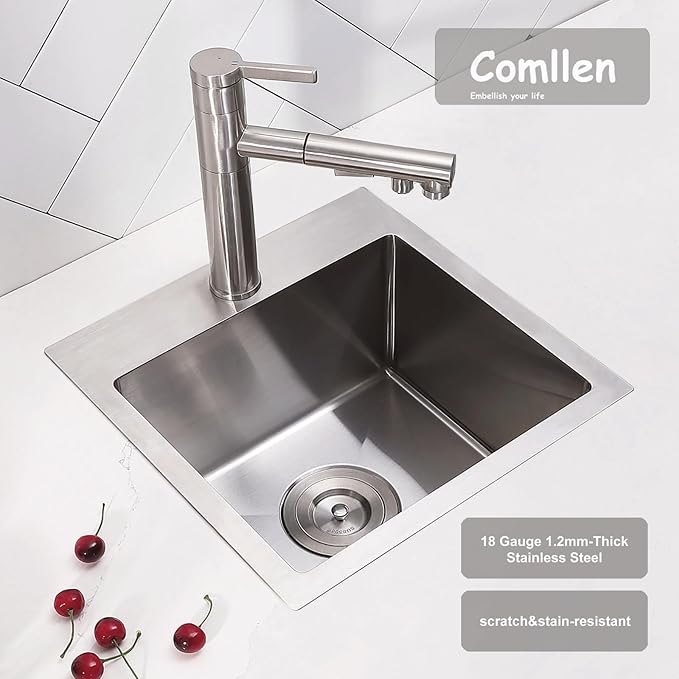 Comllen 15 x 15 inch Drop in Bar Sink, 18 Gauge Stainless Steel, 9 inch Deep, Brushed Nickel, Single Basin Small 15 Kitchen Sink for Outdoor Wet Bar Prep RV Yard Office Laundry Utility with Drainer