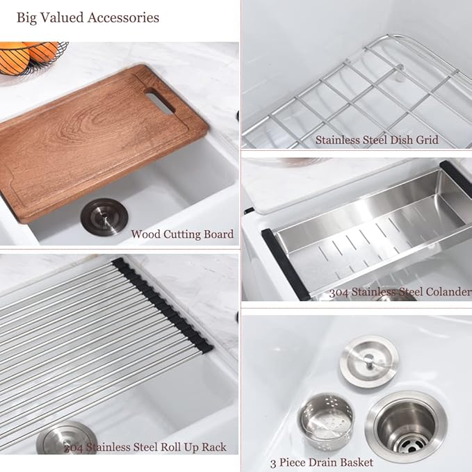 33 Inch Double Bowl White Farmhouse Sink Workstation-Bokaiya 33x20 Fireclay Apron Front White Porcelain Ceramic Reversible 50/50 Double Bowl Farm Sink with Accessories