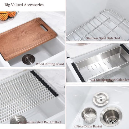 33 Inch Double Bowl White Farmhouse Sink Workstation-Bokaiya 33x20 Fireclay Apron Front White Porcelain Ceramic Reversible 50/50 Double Bowl Farm Sink with Accessories
