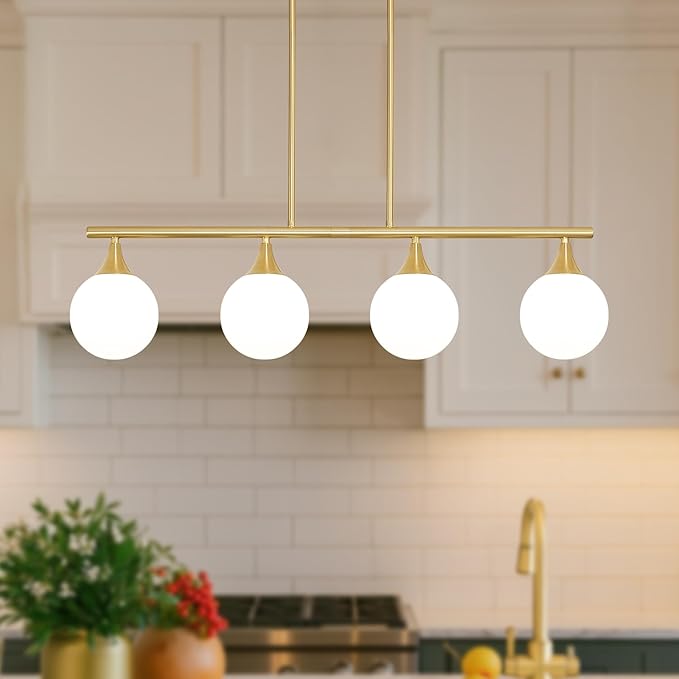 4-Light Kitchen Island Lighting, Brushed Gold Island Lights for Kitchen Adjustable Height Rods Dining Room Light Fixture over Table with White Glass Shades, Linear Chandelier for Bar Counter, G9 Base