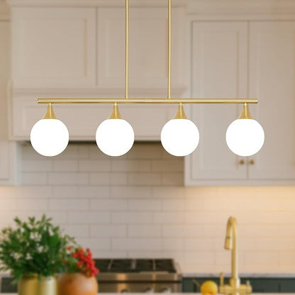 4-Light Kitchen Island Lighting, Brushed Gold Island Lights for Kitchen Adjustable Height Rods Dining Room Light Fixture over Table with White Glass Shades, Linear Chandelier for Bar Counter, G9 Base