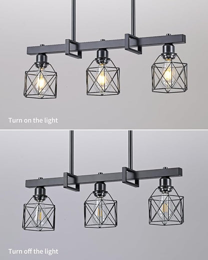 3-Light Farmhouse Kitchen Island Lighting Black Hardware and Black Metal cage Frame Design Rustic Vintage Pendant Ceiling Light Suitable for Dining Rooms and Living Rooms