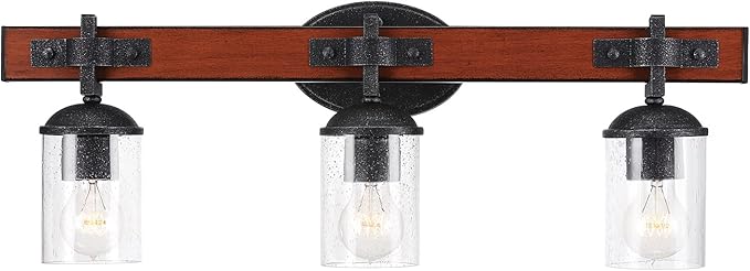 GLOBE Electric 51854 Kingston 3-Light Vanity Light, Dark Faux Wood, Galvanized Metal Accents, Clear Seeded Glass Shade, Bulb Not Included