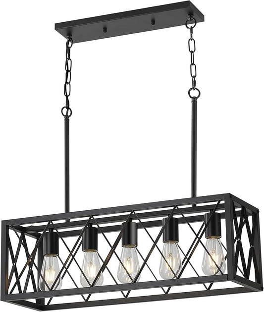 KEESFU Black Farmhouse Kitchen Island Lighting, 5 Lights Pendant Lighting Fixtures, Adjustable Height, Industrial Dining Room Light for Living Room Foyer Dining Table Over Sink.