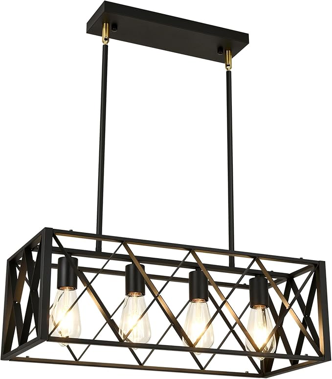 Black Farmhouse Chandeliers for Dining Room Light Fixture Rectangle Kitchen Island Pendant Lighting 4-Light Metal Industrial Linear Chandelier for Kitchen Island