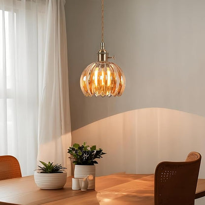 Mini Flower Hanging Lamp Plug in Pendant Light Fixtures, 15Ft Amber Glass Pendant Lights Kitchen Island Dining Room Bedroom Living Room, LED Bulb Included