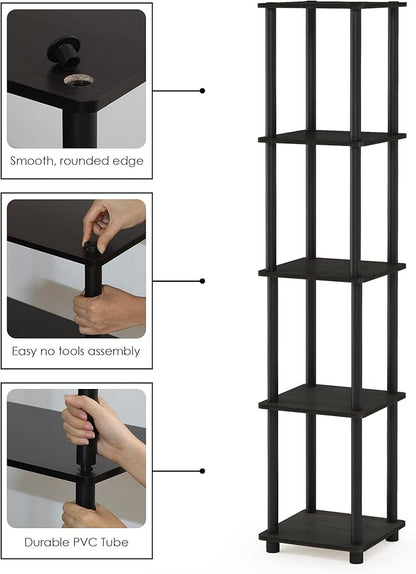 FURINNO Turn-N-Tube 5-Tier Corner Square Rack Display Shelf, Round, Espresso/Black