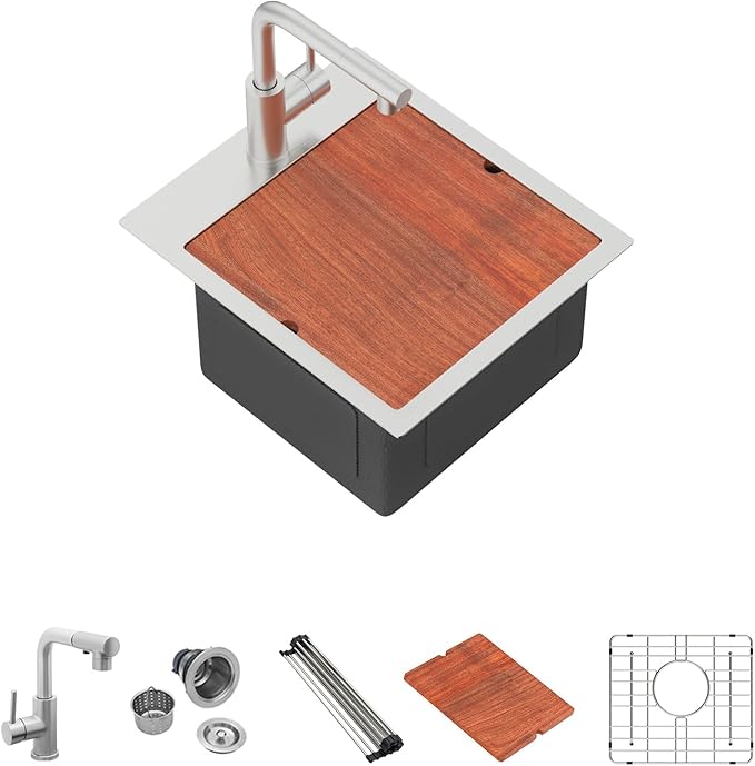 Mocoloo 15 Inch Bar Sink with Faucet, 16 Gauge Drop in Workstation Sink - 15x17x9" Stainless Steel Single Bowl Small Prep Kitchen Sink with Pull-Out Faucet