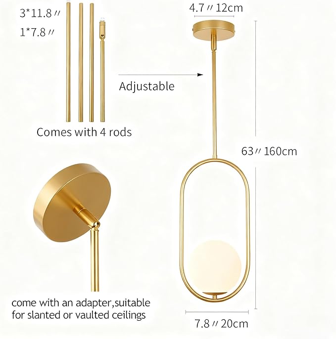 Modern Gold Oval Pendant Light with Opal Glass Globe, Single Hanging Light for Kitchen Island, Adjustable Height Gold Pendant Fixture for Dining Room, Bedroom, Entryway, Hardwired (2, Gold)