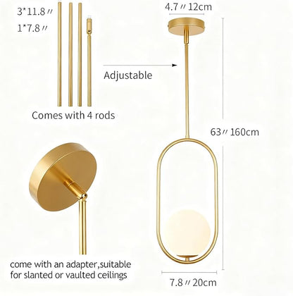 Modern Gold Oval Pendant Light with Opal Glass Globe, Single Hanging Light for Kitchen Island, Adjustable Height Gold Pendant Fixture for Dining Room, Bedroom, Entryway, Hardwired (2, Gold)