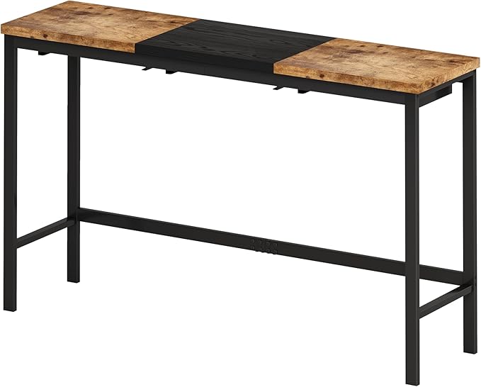 Merax 4 Piece Block-Color Pub Dining Table Set,Modern Bar Table Set with 60.24 Long Dining Table w/Hanging Stool Design and 3 Stools,for Breakfast Nook Living Room Small Space Restaurant,Natural+Black