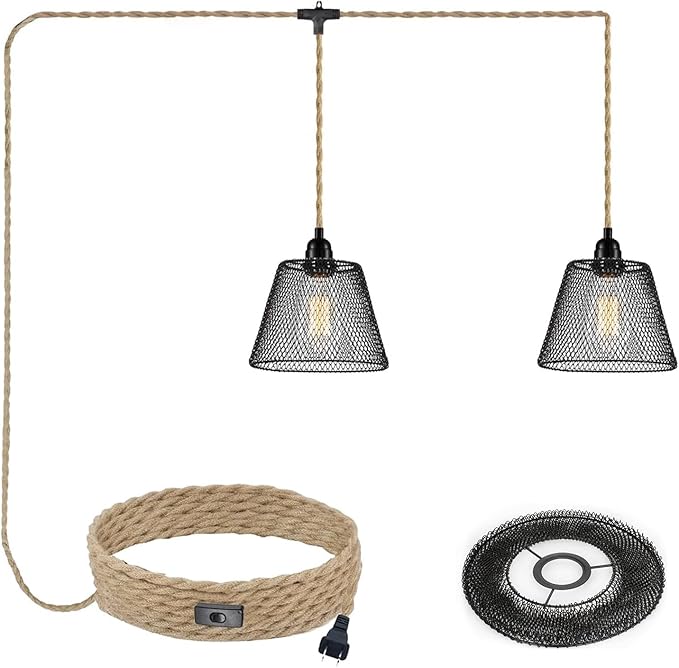 2-Light Plug in Pendant Light with Black Metal Cage Lampshade Ø20cm, E26/E27 Hemp Rope Vintage Hanging Lights Kit with Plug in Cord 19.68ft for Dining Room Living Room, No Bulb