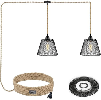 2-Light Plug in Pendant Light with Black Metal Cage Lampshade Ø20cm, E26/E27 Hemp Rope Vintage Hanging Lights Kit with Plug in Cord 19.68ft for Dining Room Living Room, No Bulb