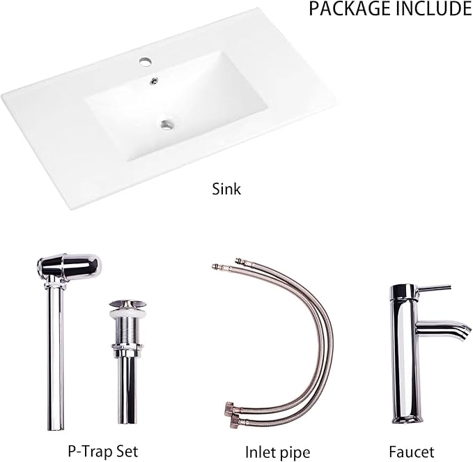 35.83"L×18.31"W×6.69"H Drop-In Rectangular Ceramic Bathroom Vanity Sink Top – White Integrated Overflow Sink with Single Hole Faucet & Pop-Up Drain Assembly