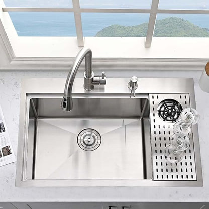 Stainless Steel Kitchen Sink with Cup Washer-Hovheir 31x20 Drop In Top Mount Kitchen Sink Workstation 16 Gauge Stainless Steel Single Bowl Deep Sinks Over Mount Sinks with Glass Rinser, Cutting board