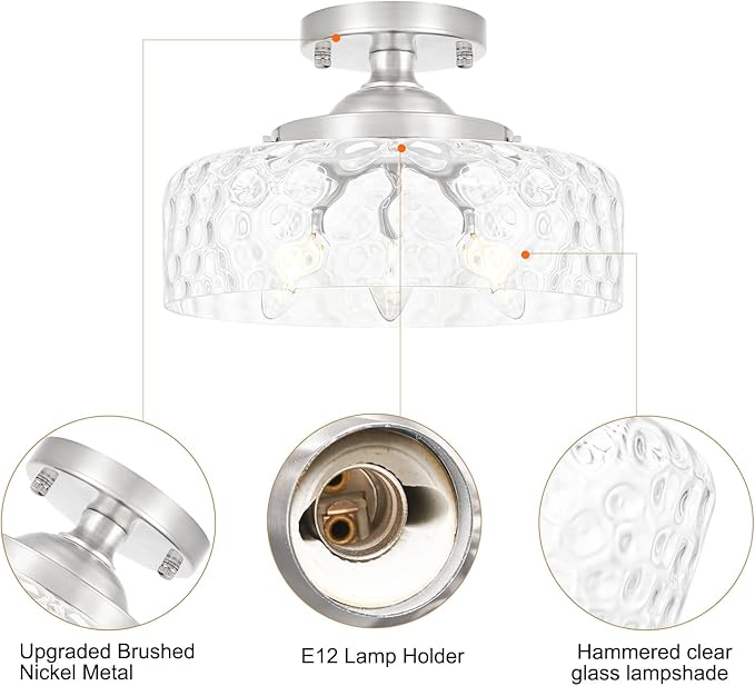 Daunton Brushed Nickel Semi Flush Mount Ceiling Light, 3-Light Ceiling Light with Hammered Glass, Vintage Hallway Light Fixtures, Kitchen Flush Ceiling Mount for Entryway Bedroom Bathroom,E12