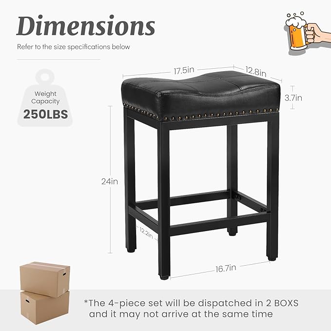 DUMOS Saddle Bar Stools Set of 2, 24 Inch Counter Height Stools with Curved PU Leather Surface, 3.7" Thick Upholstery Bar Height Stools with Footrest for Kitchen Island, Dining, Cafe, Black