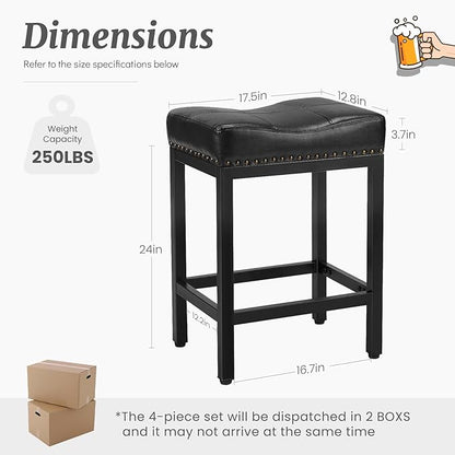 DUMOS Saddle Bar Stools Set of 2, 24 Inch Counter Height Stools with Curved PU Leather Surface, 3.7" Thick Upholstery Bar Height Stools with Footrest for Kitchen Island, Dining, Cafe, Black